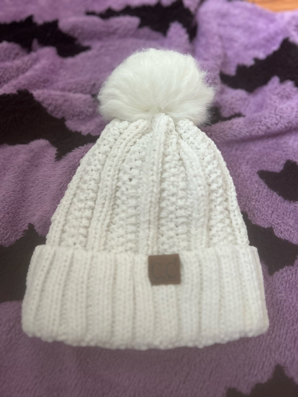 CHANEL Kids Cream Knit Pom-Pom Hat
